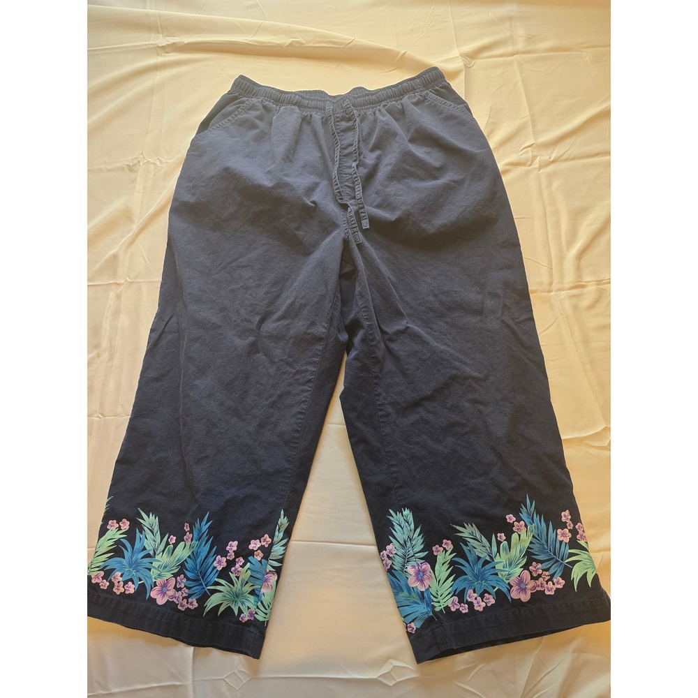 Vtg Erika Floral Hem Pants Womens L Drawstring Waist Cropped Wide Leg Casual‎